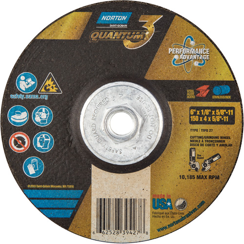 Disque de rectification et de tronçonnage Quantum3, 6" x 1/8", Arbre de 5/8"-11, Type 27, Grain de 24, C&eacute;ramique d'alumine GTA Hardware Inc