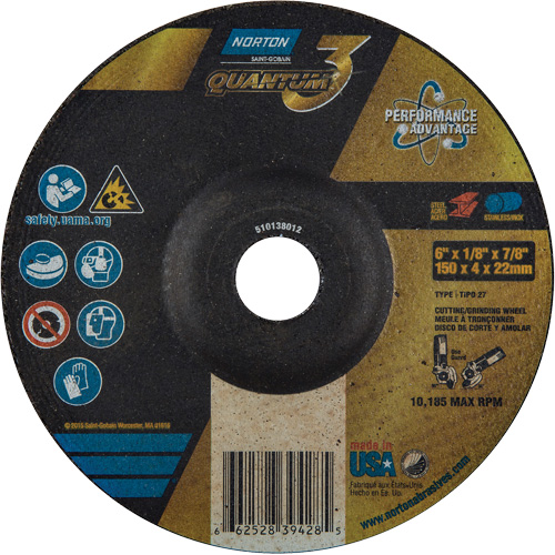Quantum3 Grinding & Cutting Wheel, 6" x 1/8", 7/8" Arbor, Type 27, 24 Grit, Ceramic Alumina GTA Hardware Inc