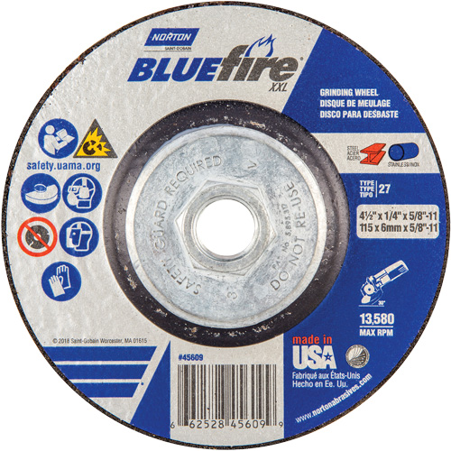 BlueFire&reg; XXL Grinding Wheel, 4-1/2" x 1/4", 5/8" Arbor, Ceramic Alumina, Type 27 GTA Hardware Inc