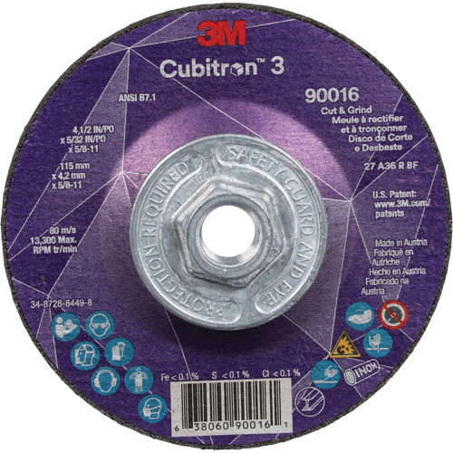 Meule &agrave; couper & tronçonner Cubitron 3, 4-1/2" x 5/32", Arbre de 5/8"-11, Type T27, Grain de 36+, C&eacute;ramique GTA Hardware Inc