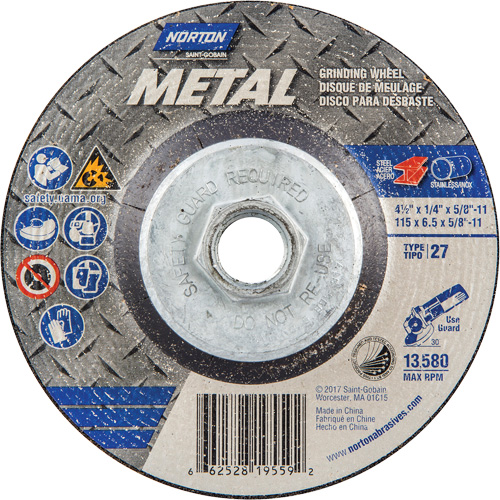 Metal Grinding Wheel, 4-1/2" x 1/4", 5/8"-11 Arbor, Aluminum Oxide, Type 27 GTA Hardware Inc