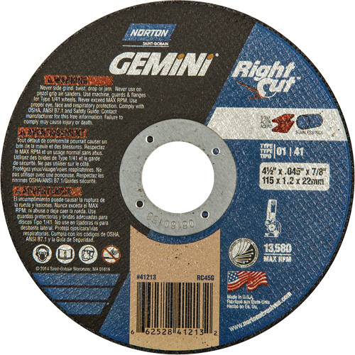 Meule &agrave; tronçonner pour coupe &agrave; angle droit RightCut Gemini, 4-1/2" x 0,045", Arbre de 7/8", Type 01/41, Oxyde d'aluminium, 13580 Tr/min GTA Hardware Inc
