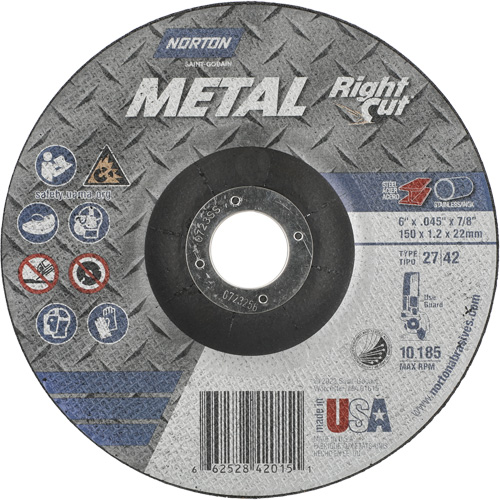 Meule &agrave; tronçonner m&eacute;tallique pour coupe &agrave; angle droit RightCut, 6" x 0,045", Arbre de 7/8", Type 27/42, Oxyde d'aluminium, 10190 Tr/min GTA Hardware Inc