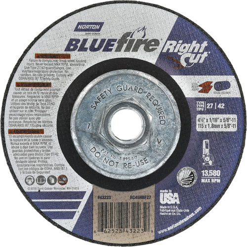 Meule &agrave; tronçonner pour coupe &agrave; angle droit RightCut BlueFire, 4-1/2" x 1/16", Arbre de 5/8"-11, Type 27/42, Oxyde d'aluminium, 13580 Tr/min GTA Hardware Inc