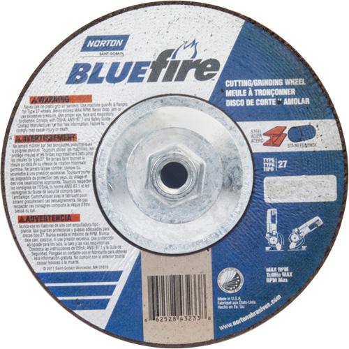 Disque de meulage et tronçonnage BlueFire, 7" x 1/8", Arbre de 5/8"-11, Type 27, Alumine de zirconium GTA Hardware Inc