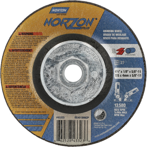 NorZon Plus SGZ CA Grinding & Cutting Wheel, 4-1/2" x 1/8", 5/8"-11 Arbor, Type 27, Ceramic Alumina GTA Hardware Inc
