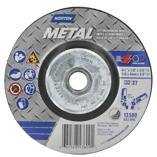 Disque de meulage et tronçonnage m&eacute;tallique, 4-1/2" x 1/8", Arbre de 5/8"-11, Type 27, Oxyde d'aluminium GTA Hardware Inc