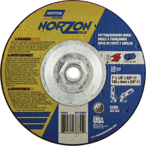 Disque de meulage et tronçonnage NorZon Plus SGZ, 7" x 1/8", Arbre de 5/8"-11, Type 27, C&eacute;ramique d'alumine GTA Hardware Inc