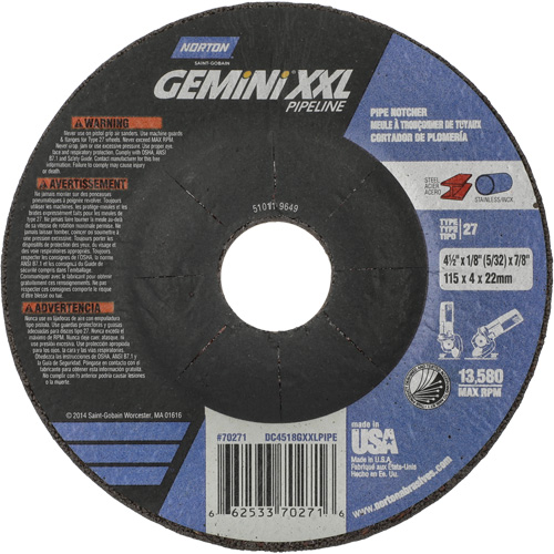Gemini XXL Grinding & Cutting Wheel, 4-1/2" x 1/8", 7/8" Arbor, Type 27, Aluminum Oxide GTA Hardware Inc
