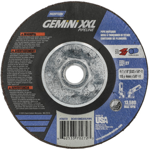 Disque combin&eacute; de meulage et tronçonnage Gemini XXL, 4-1/2" x 1/8", Arbre de 5/8"-11, Type 27, Oxyde d'aluminium GTA Hardware Inc