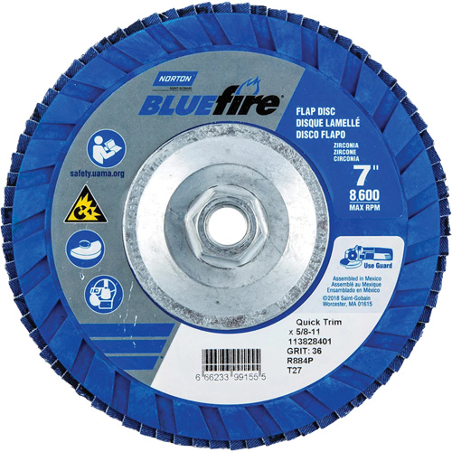 BlueFire&reg; Standard-Density Flap Disc, 7" x 5/8"-11, Type 27, P36 Grit, Zirconia Alumina GTA Hardware Inc