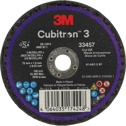 Meule &agrave; tronçonner Cubitron 3, 3" x 0,063", Arbre de 3/8", C&eacute;ramique GTA Hardware Inc
