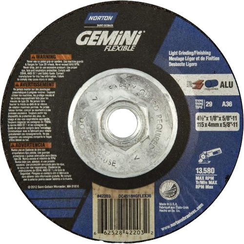 Gemini Flexible A AO Grinding and Cutting Wheel, 4-1/2" x 1/8", 5/8"-11 Arbor, Type 29, Aluminum Oxide, 13580 RPM GTA Hardware Inc