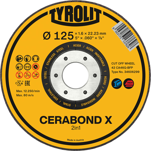 CERABOND X Cut-Off Wheel for Steel & Stainless Steel, 5" x 0.45", 7/8" Arbor, Type 1, Ceramic, 12250 RPM GTA Hardware Inc