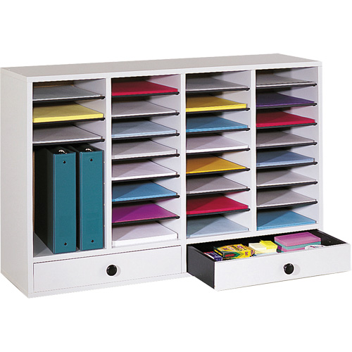 Adjustable Compartment Literature Organizer, Stationary, 34 Slots, Wood, 39-1/4" W x 11-3/4" D x 25-1/4" H GTA Hardware Inc