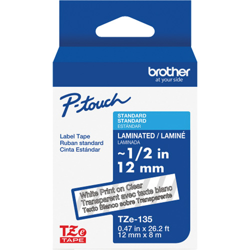 Laminated Tape for P-Touch&reg;, 12 mm x 8 m, White on Clear GTA Hardware Inc