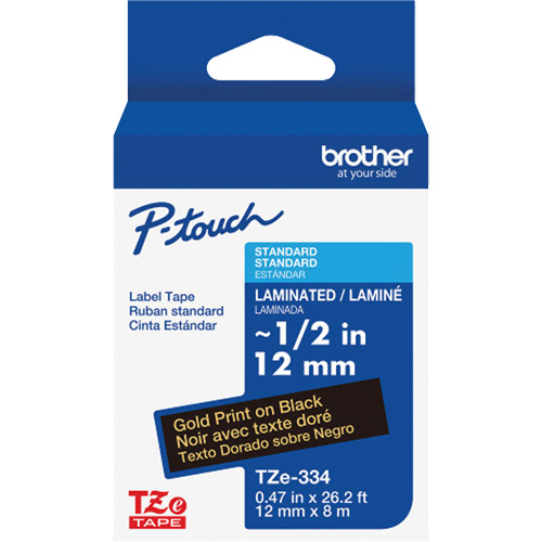 TZe-334 Laminated Tape for TZe-Compatible P-Touch Label Makers, Gold on Black, 0.47" Width GTA Hardware Inc