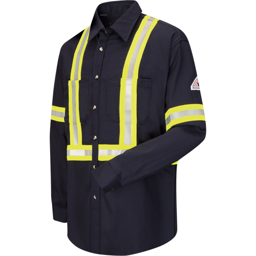 Work Shirt with Reflective Trim, Cotton/Nylon, Small, Navy Blue GTA Hardware Inc