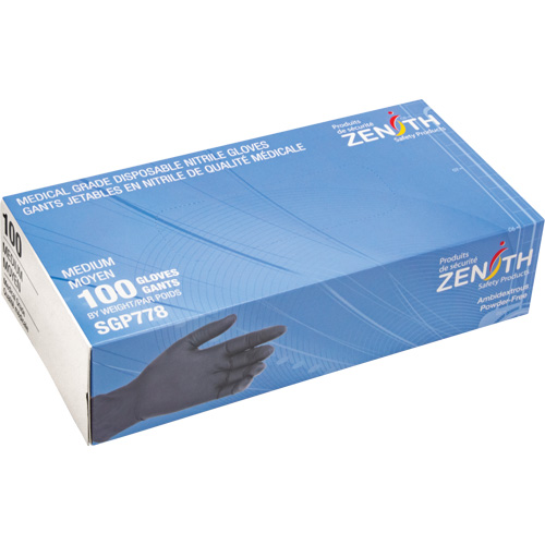 Puncture-Resistant Medical-Grade Disposable Gloves, Medium, Nitrile, 5-mil, Powder-Free, Black, Class 2 GTA Hardware Inc