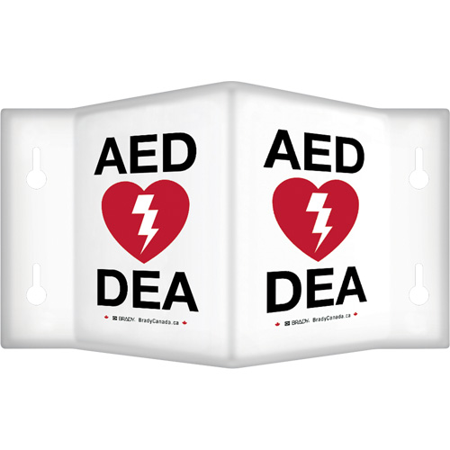 90° Projecting "AED/DEA" Sign, 9" x 6", Plastic, Bilingual with Pictogram GTA Hardware Inc