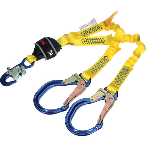 Twin-Leg Stretch Web Shock-Absorbing Lanyard, 4', Rebar Hook Center, Snap Hook Leg Ends GTA Hardware Inc