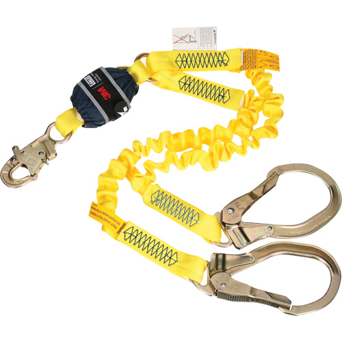 Twin-Leg Stretch Web Shock-Absorbing Lanyard, 6', Rebar Hook Center, Snap Hook Leg Ends GTA Hardware Inc