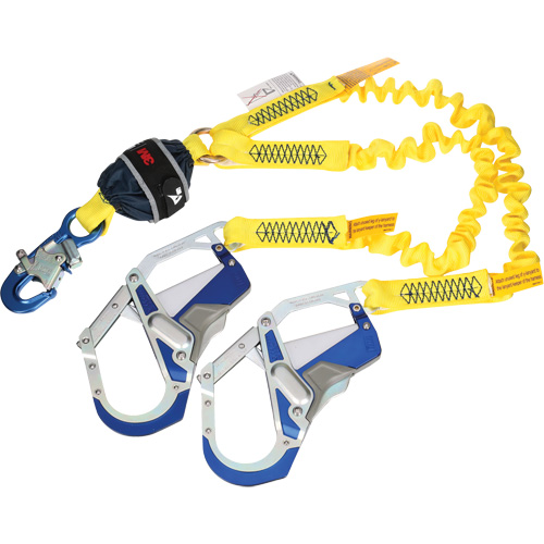 Twin-Leg Stretch Web Shock-Absorbing Lanyard, 6', Rebar Hook Center, Snap Hook Leg Ends GTA Hardware Inc