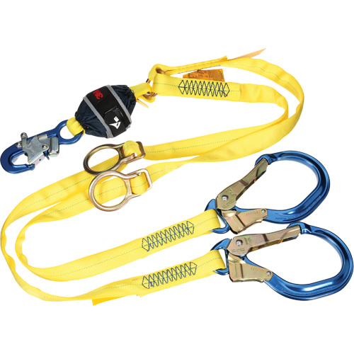 Twin-Leg Tie-Back Web Shock-Absorbing Lanyard, 6', Rebar Hook Center, Snap Hook Leg Ends, Polyester GTA Hardware Inc