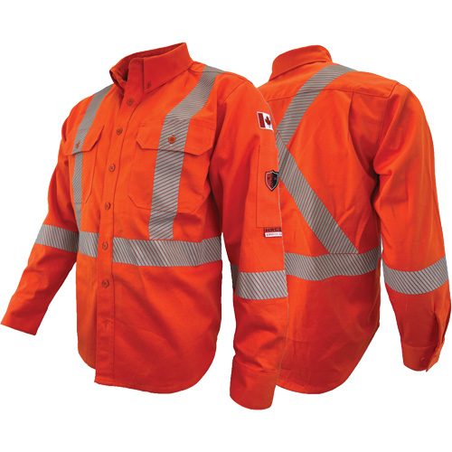 Chandail de travail &agrave; manches longues ignifuge et r&eacute;sistant &agrave; l'arc &eacute;lectrique avec bandes de 2" Atlas Guardian, T-petit, Orange haute visibilit&eacute; GTA Hardware Inc