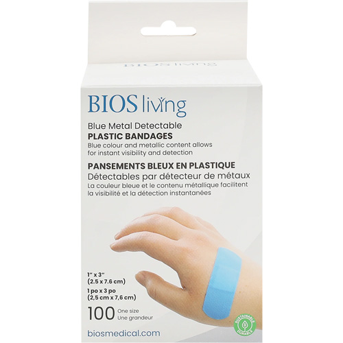 Bandages hydrofug&eacute;s bleu, Rectangulaire/carr&eacute;e, 3", Plastique d&eacute;tectable, St&eacute;rile GTA Hardware Inc