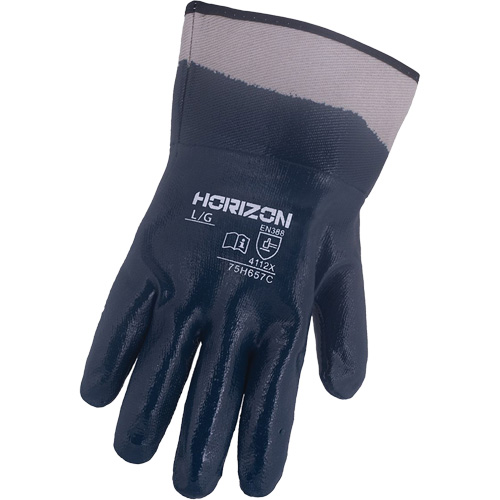Gants bleu marine avec manchettes renforc&eacute;es &agrave; entoilage coll&eacute; Horizon, Moyen, R&ecirc;vetement Nitrile, Enveloppe en Jersey/Coton GTA Hardware Inc