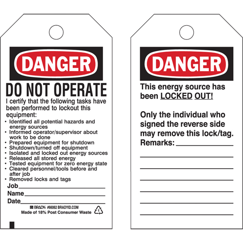 Lockout Tags, Plastic, 3" W x 5-1/2" H, English GTA Hardware Inc