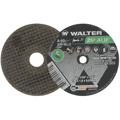 ZIP ALU Cutting Wheel, 4" x 1/32", 3/8" Arbor, Type 1, Aluminum Oxide, 19100 RPM GTA Hardware Inc