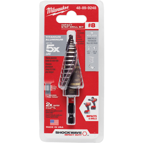 #8 Shockwave Impact Duty Step Drill Bit, 1/2" - 1" , 1/16" Increments, Titanium GTA Hardware Inc