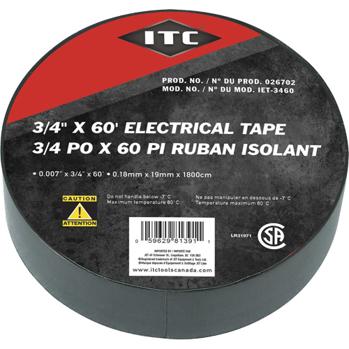 IET-3460 Ruban isolant, Ruban &eacute;lectrique, Rubans isolant, 19 mm (3/4") x 18,28 m (60'), Noir GTA Hardware Inc