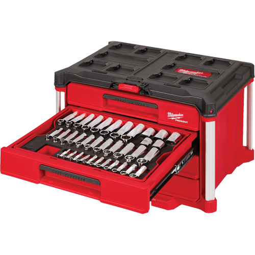 Ensemble de 242 pi&egrave;ces de douilles et cliquets m&eacute;triques et SAE 1/4", 3/8" et 1/2" avec boîte &agrave; outils PACKOUT &agrave; 4 tiroirs, 16-3/10" x 22-1/5" x 14-3/10", Noir/Rouge GTA Hardware Inc