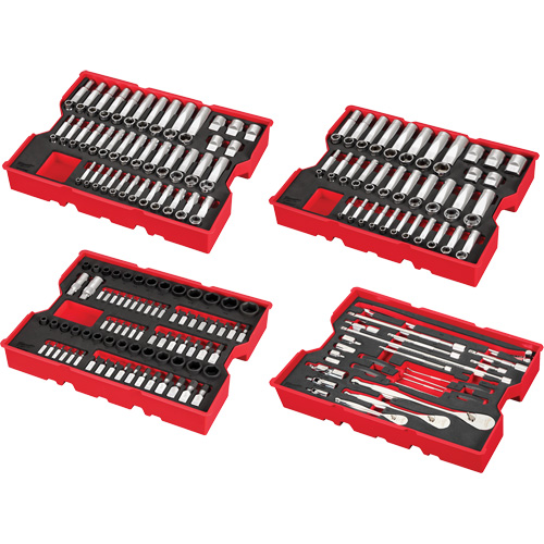 Jeu de cliquets et douilles m&eacute;triques et SAE avec organisateur PACKOUT &agrave; profil bas, 242 Mcx, Chocs, Prise de 1/4"/3/8"/1/2", Profond GTA Hardware Inc