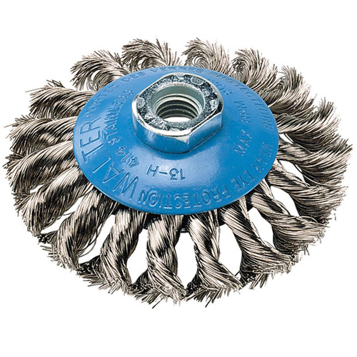 Brosse concave &agrave; fils nou&eacute;s torsad&eacute;s, Dia. 5", Fils 0,02", Arbre 5/8"-11, Aluminium/Acier inoxydable GTA Hardware Inc