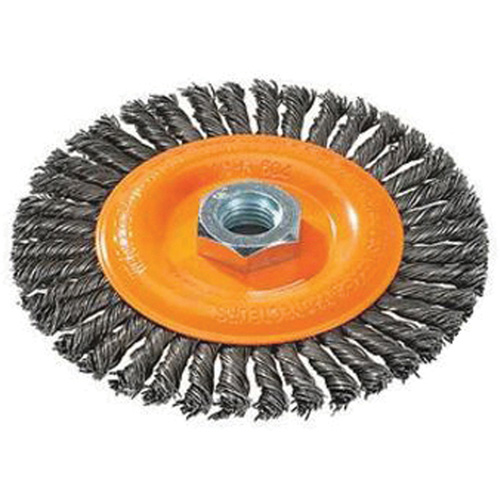 Brosse &agrave; fils nou&eacute;s pour cordons de soudure, Dia. 4", Fils 0,02", Arbre 5/8"-11, Acier GTA Hardware Inc