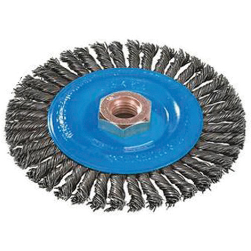 Brosse &agrave; fils nou&eacute;s pour cordons de soudure, Dia. 4", Fils 0,02", Arbre 5/8"-11, Aluminium/Acier inoxydable GTA Hardware Inc