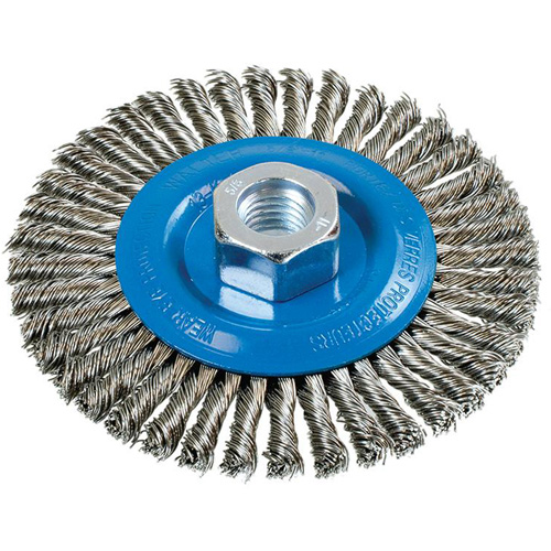 Brosse &agrave; fils nou&eacute;s pour cordons de soudure, Dia. 4-1/2", Fils 0,02", Arbre 5/8"-11, Aluminium/Acier inoxydable GTA Hardware Inc