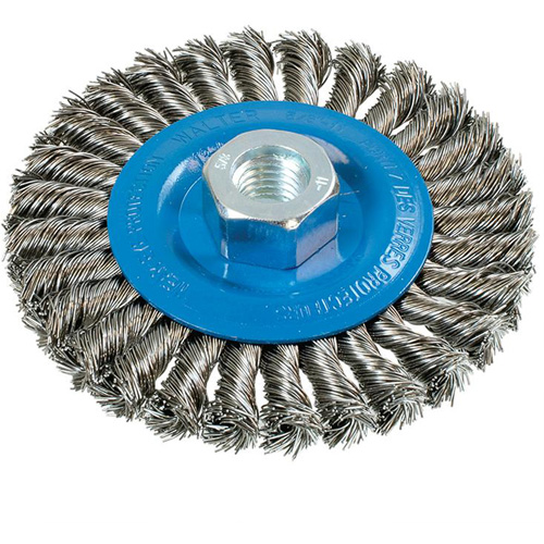Brosse rotative &agrave; fils nou&eacute;s large, Dia. 4-1/2", Fils 0,02", Arbre 5/8"-11, Aluminium/Acier inoxydable GTA Hardware Inc