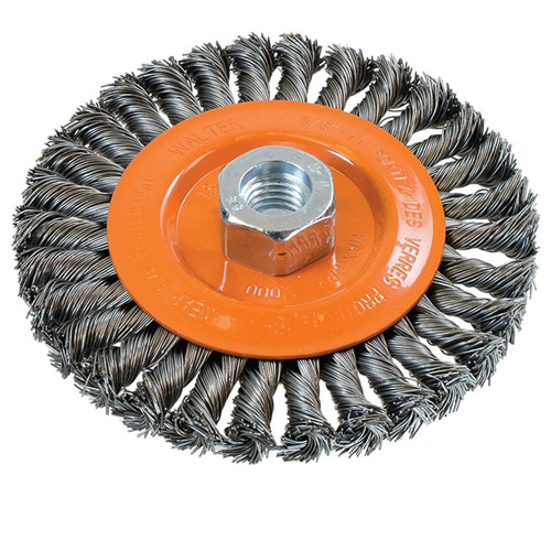Brosse rotative &agrave; fils nou&eacute;s large, Dia. 5", Fils 0,02", Arbre 5/8"-11, Acier GTA Hardware Inc