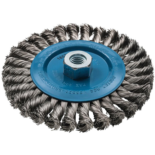 Brosse rotative &agrave; fils nou&eacute;s large, Dia. 6", Fils 0,02", Arbre 5/8"-11, Aluminium/Acier inoxydable GTA Hardware Inc