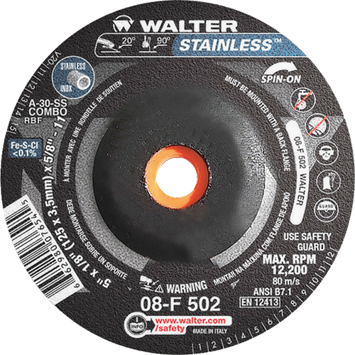 Meules &agrave; moyeu d&eacute;port&eacute; - Acier inoxydable type 27, 5" x 1/8", Arbre de 5/8"-11, Type 27S GTA Hardware Inc