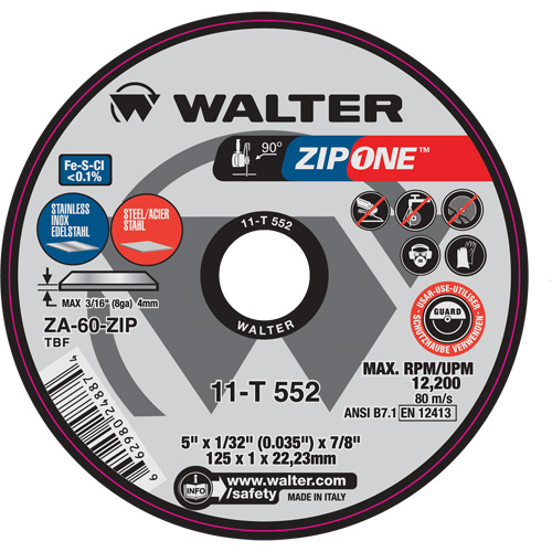 Meule &agrave; tronçonner Zip One, 5" x 1/32", Arbre de 7/8", Type 1, Alumine de zirconium, 12 200 Tr/min GTA Hardware Inc