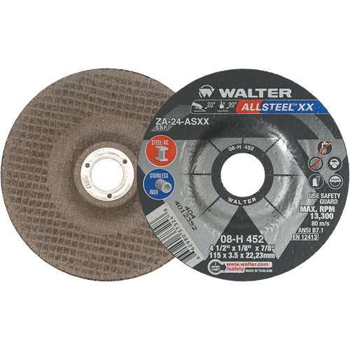 Meules &agrave; moyeu d&eacute;port&eacute; ALLSTEEL XX, 4-1/2" x 1/8", Arbre de 7/8", Type 27, Alumine de zirconium, 13 300 Tr/min GTA Hardware Inc