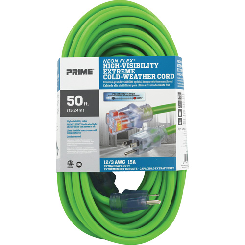 Neon Flex&reg; High Visibility Extension Cord, Outdoor, SJTW, 12/3 AWG, 15 A, 50' GTA Hardware Inc