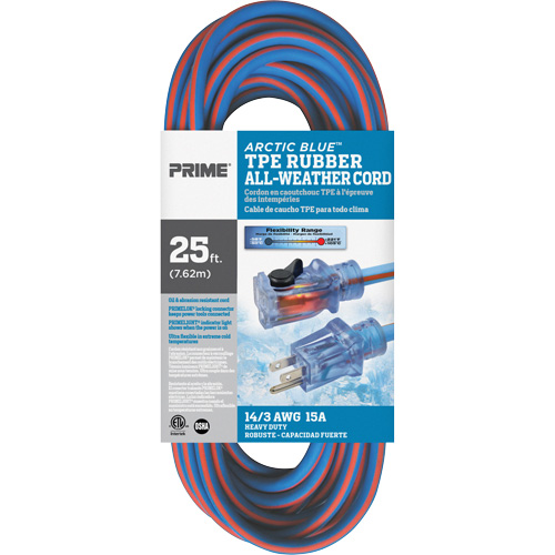 Arctic Blue Extension Cord, All-Weather, SJEOW, 14/3 AWG, 15 A, 25' GTA Hardware Inc