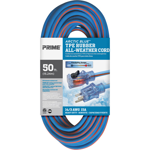 Arctic Blue Extension Cord, All-Weather, SJEOW, 14/3 AWG, 15 A, 50' GTA Hardware Inc